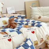 Juego de cama con diseño de oso y cuadrícula azul